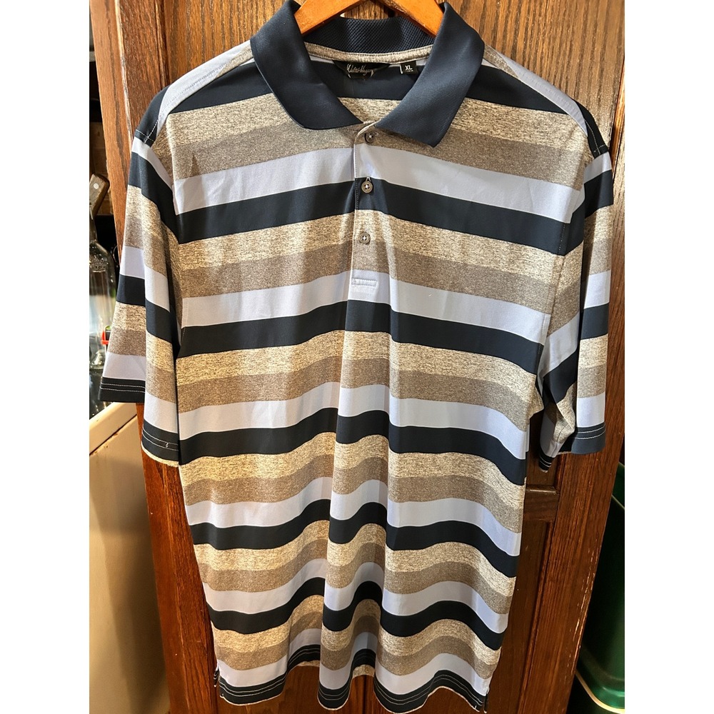 Walter Hagen Mens XL Polo Shirt Blue Grey Striped Short Sleeve Golf Performance